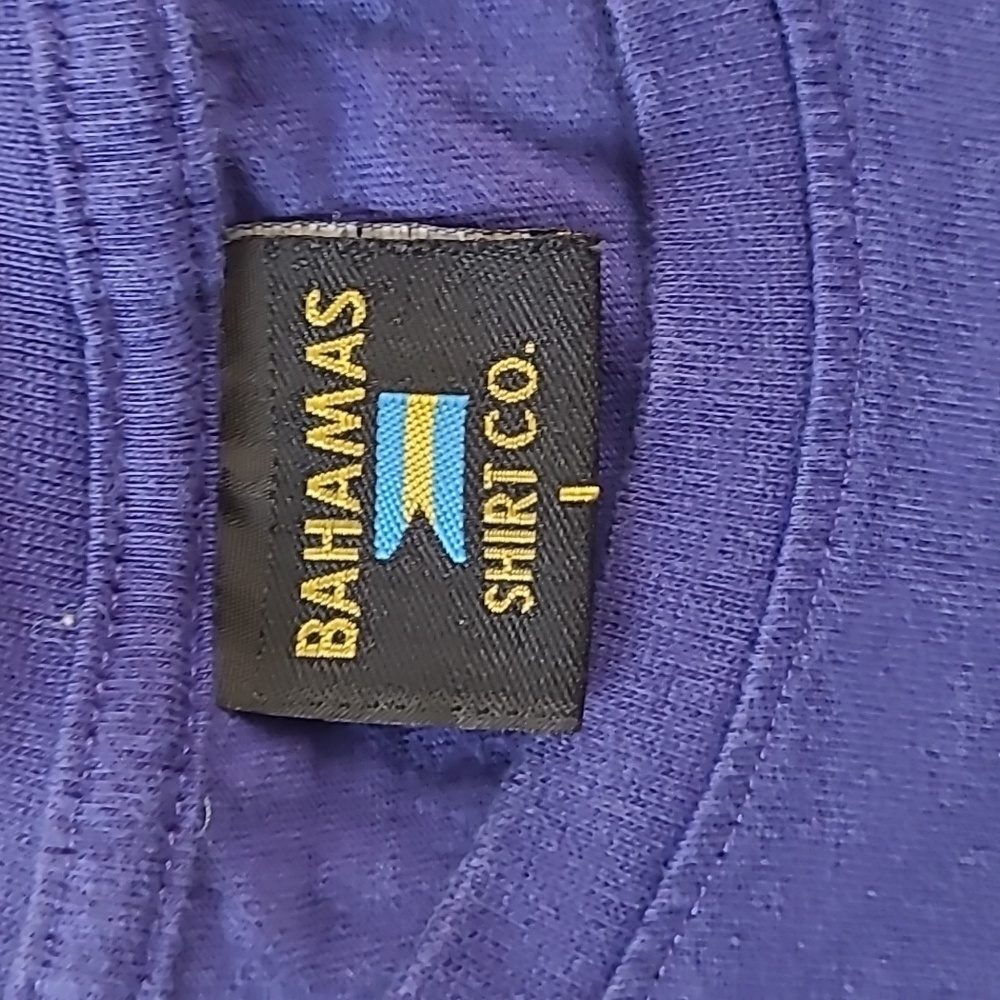 Vintage 90s Bahamas Rising Sun Beach Tropical Graphic Print Navy Blue Tee Mens L - Picture 14 of 15